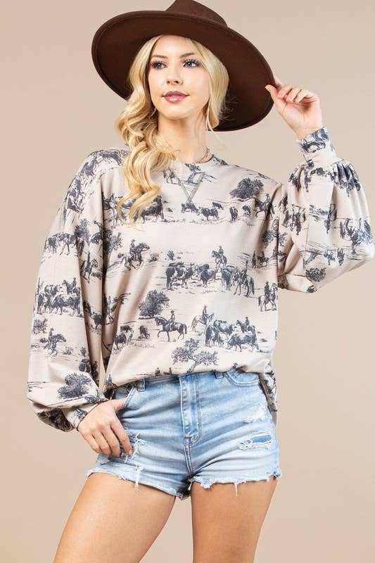 KHAKI CHARCOAL AV1171-HAILEY WESTEN PRINT SWEATSHIRT for wholesale on Faire3