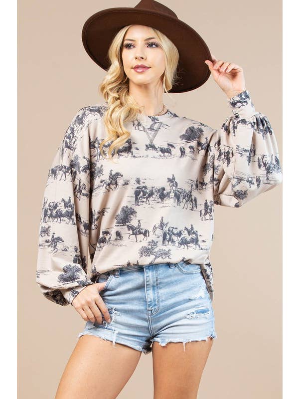 KHAKI CHARCOAL AV1171-HAILEY WESTEN PRINT SWEATSHIRT for wholesale on Faire3