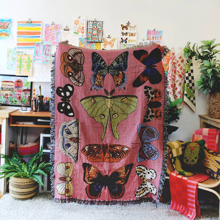 Calhoun & Co. - Wholesale Throw Blanket - Moth Still Life Pink Tapestry Blanket