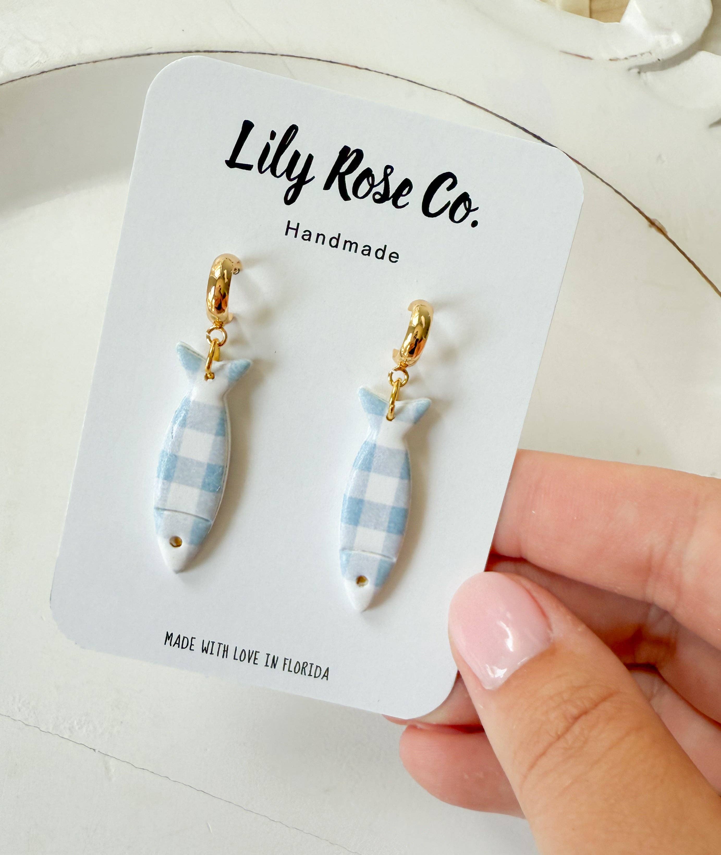 Lily Rose Co. - Wholesale Dangle Earrings - Blue Gingham Fish / Clay earrings / Women’s Earring1