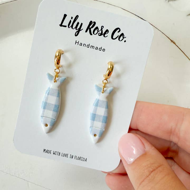 Lily Rose Co. - Wholesale Dangle Earrings - Blue Gingham Fish / Clay earrings / Women’s Earring1