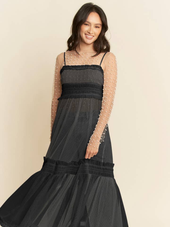 MESH STRAP SHORT SLEEVES LACE SHEER MAXI DRESS for wholesale by Davi & Dani