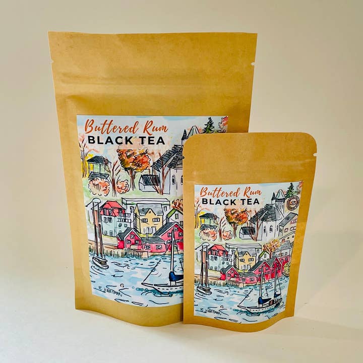 Artist Label | Lunenburg Waterfront - Buttered Rum BLACK TEA for wholesale by NovelTea Bookstore & Gifts