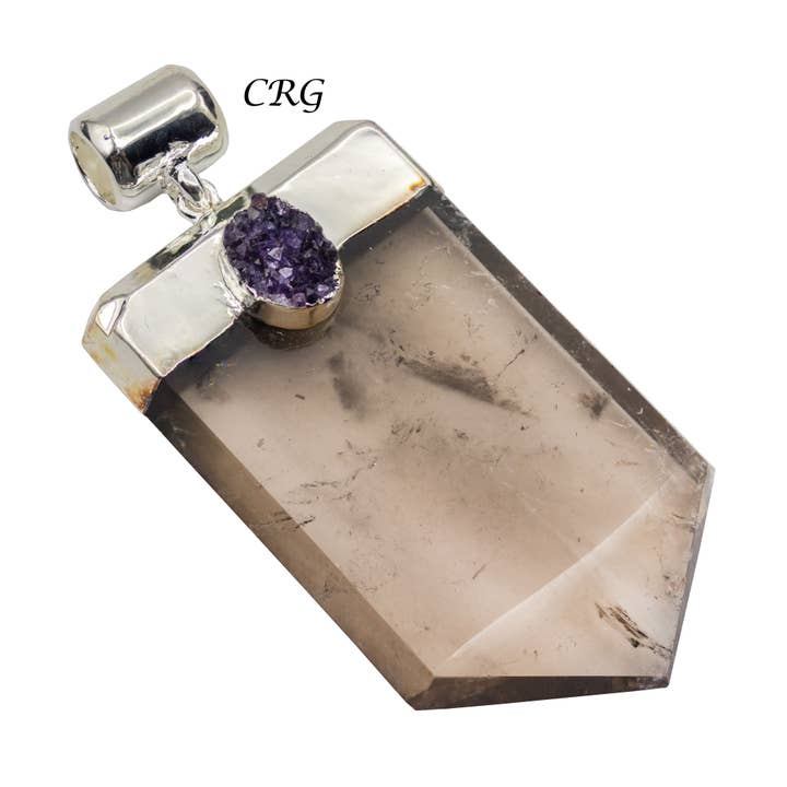 QTY 1 - Flat Point Smoky Quartz Druzy Pendant / Silver Plated for wholesale by Crystal River Gems LLC