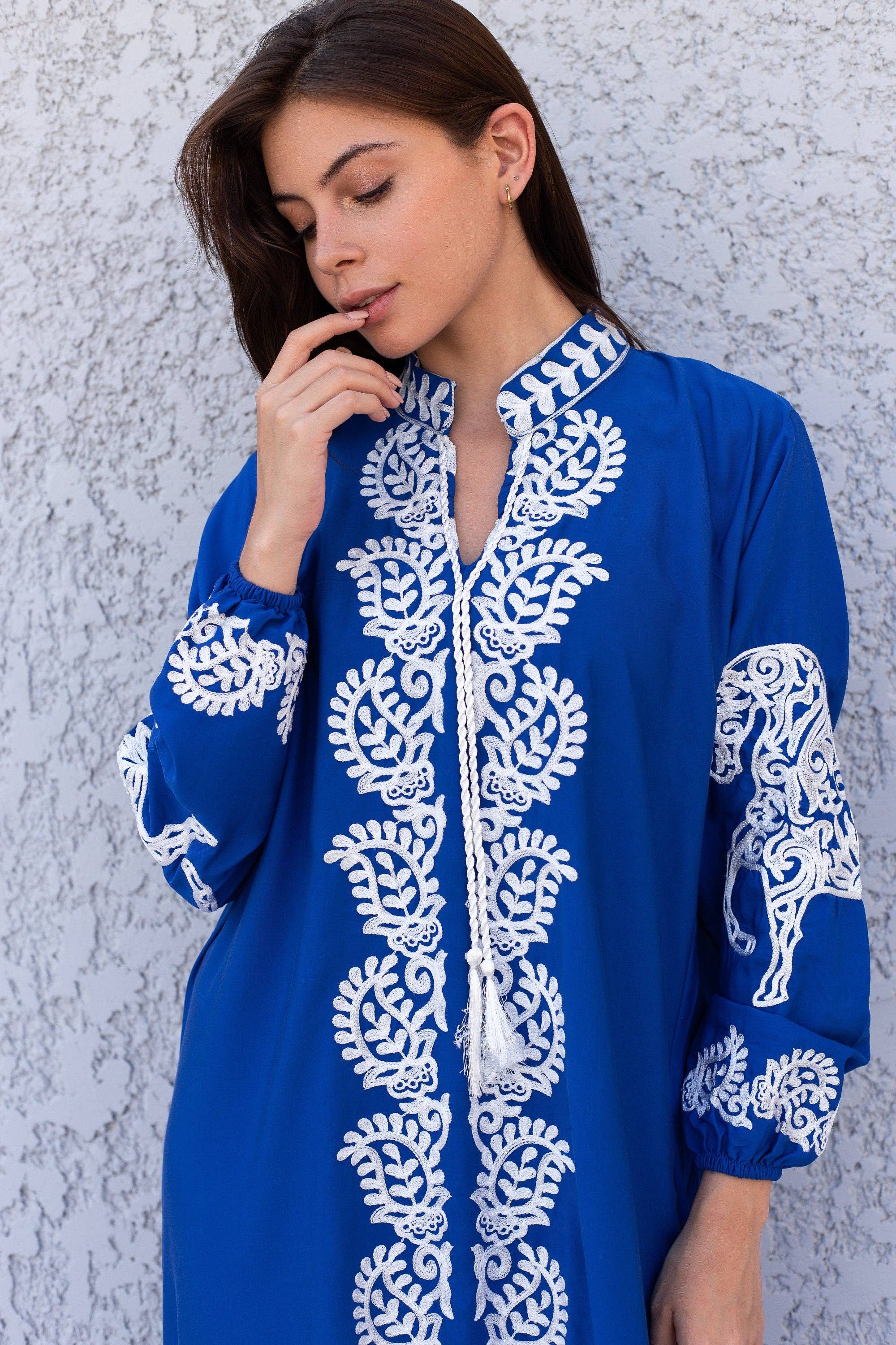 Gipci - Wholesale Kaftan - Women's - Beautiful Royal blue Cotton caftan for women, embroidered long sleeve Kaftan, Caftan maxi dress, Caftans for women, cotton caftan, caftans1