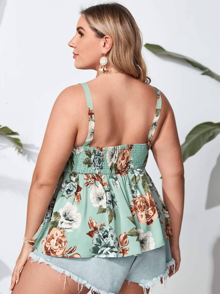 MULTICOLOR plus shirred back knot front floral print cami top for wholesale on Faire2