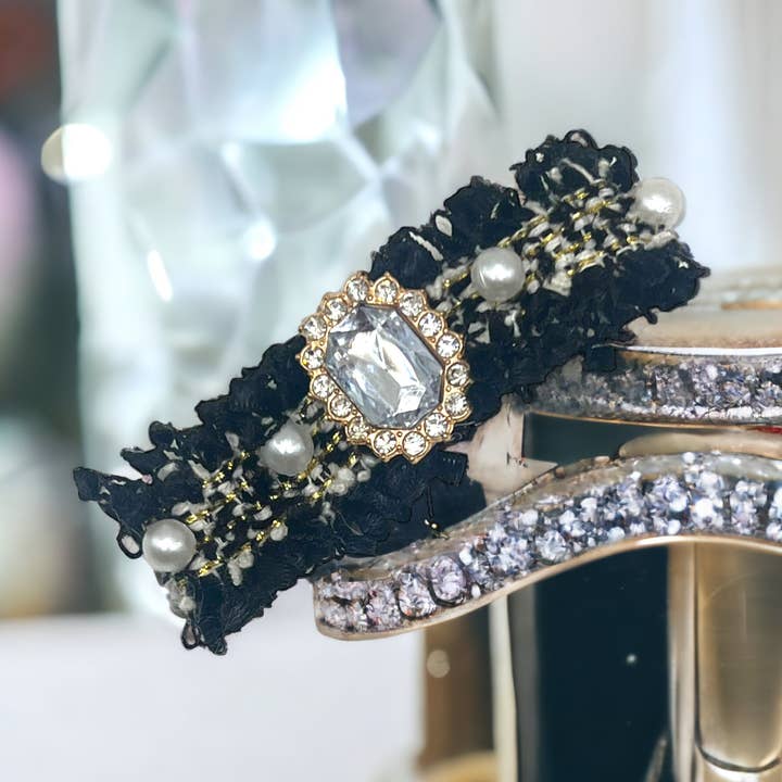 Tweed Rhinestone and Pearl Bow- Dog Hair Barrette for wholesale by Bark Fifth Avenue