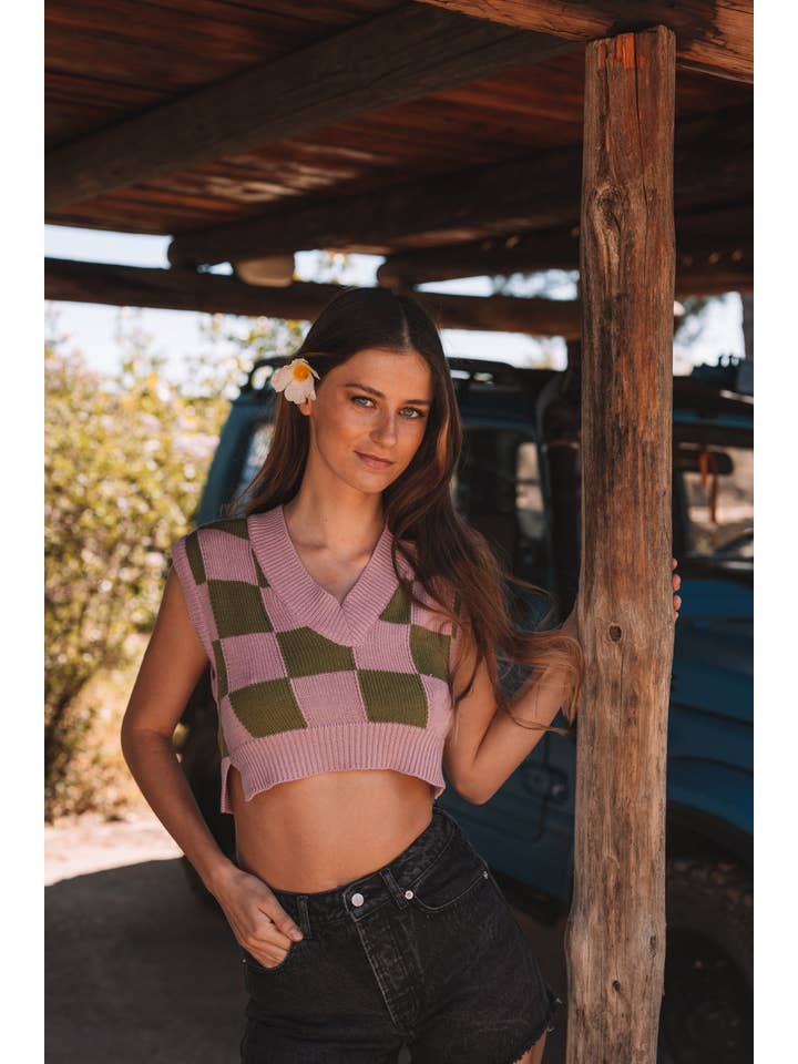 Tipi Tent - Wholesale Sweater Vest - Women's - Green Checkered Vest1