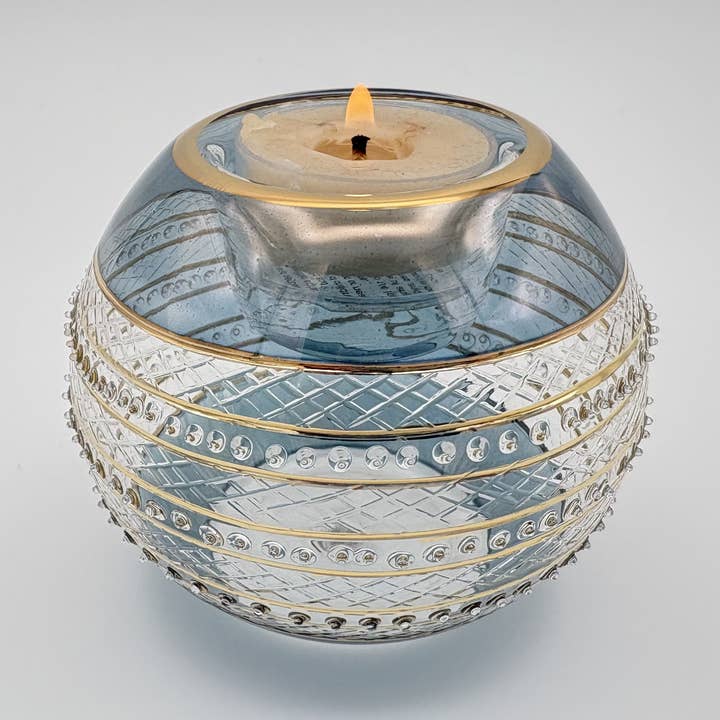Bougeoir en verre soufflé - Anneaux scintillants avec bord bleu pour la vente par Dandarah (Ships from USA)
