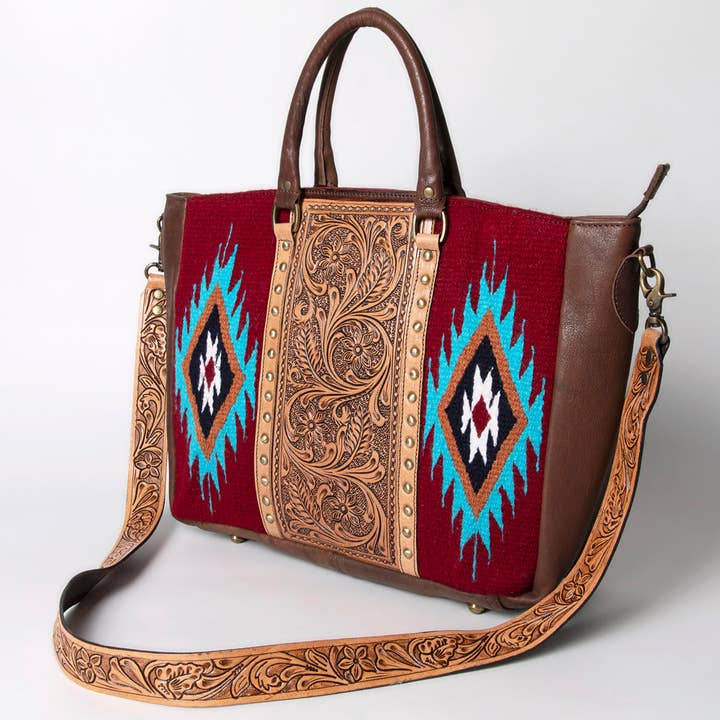 LC-ADBGA206 Wool Saddle Blanket Tote with Hand-Tooled Leather & Western Floral Strap for wholesale by LS Western