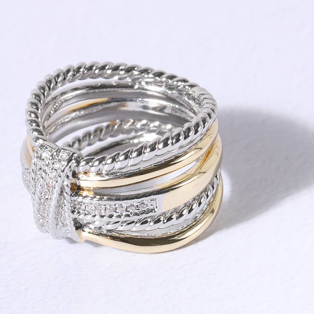 K Bague Crossover à larges pierres argentées et dorées CZ en vente sur Faire1