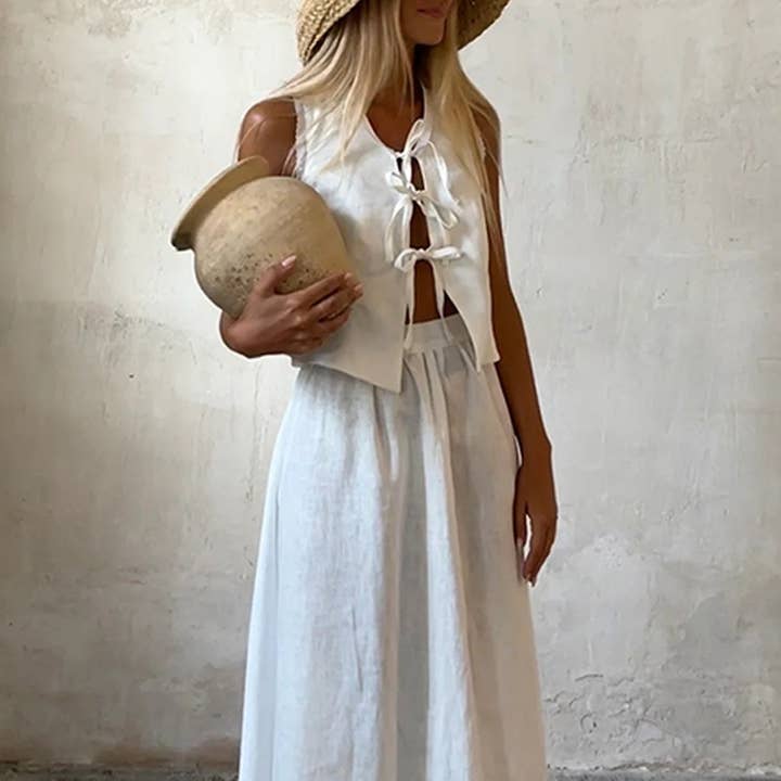 Linen Cotton Sleeveless Vest & Skirt Set N25Z145 for wholesale by alberalkirk