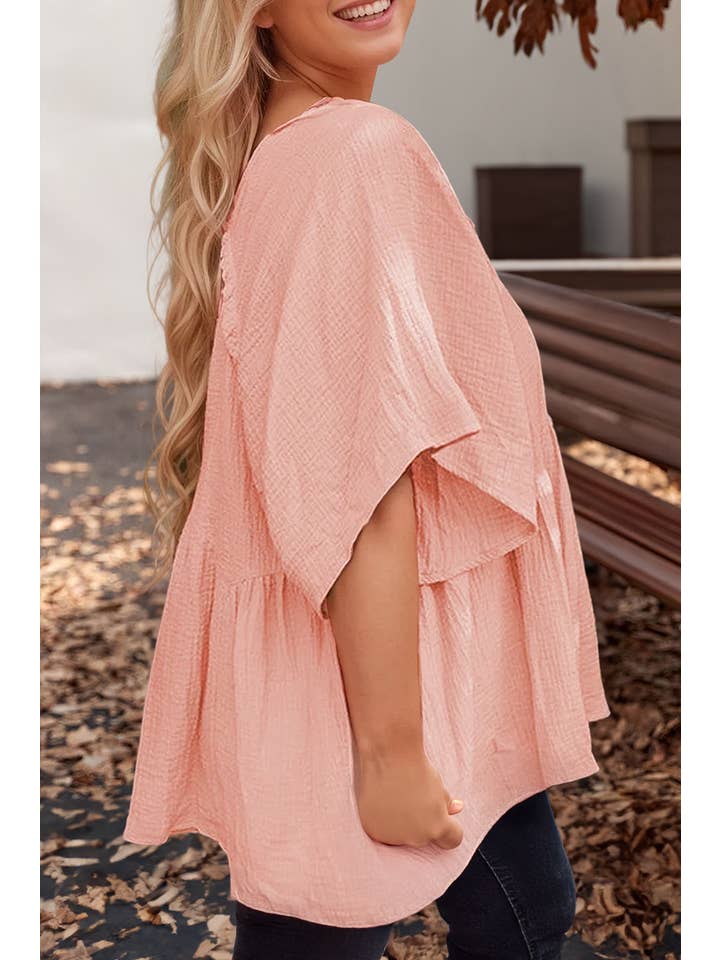 Pink Plus Size Textured Wide Short Sleeve Babydoll Blouse for wholesale on Faire