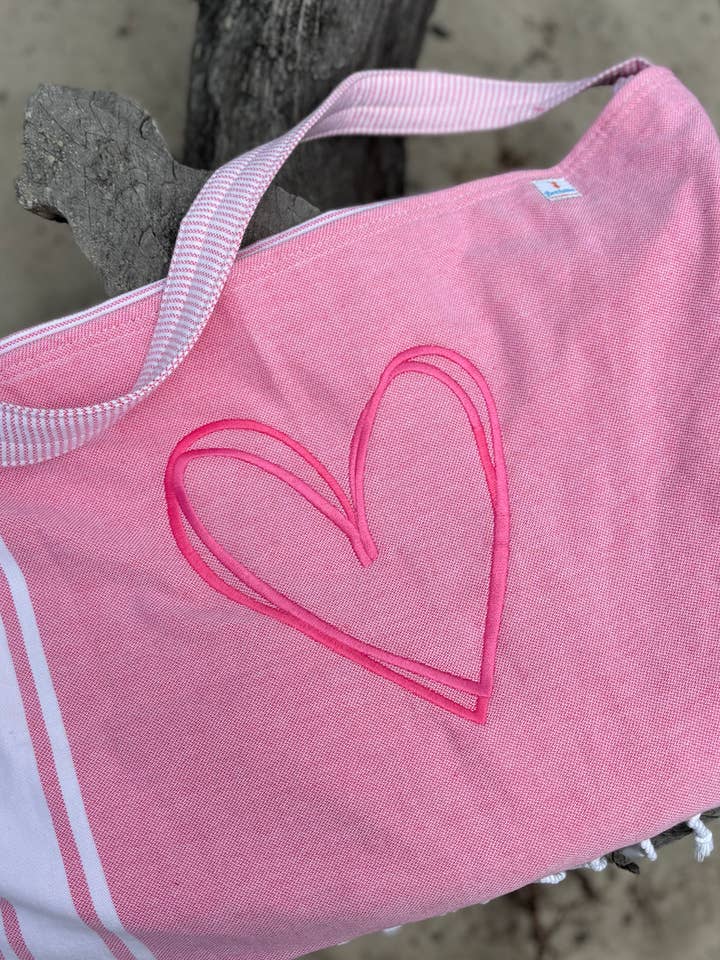 3 in 1 Turkish Cotton Tote, Heart Embroidery on Candy (Pink) for wholesale by Beachables