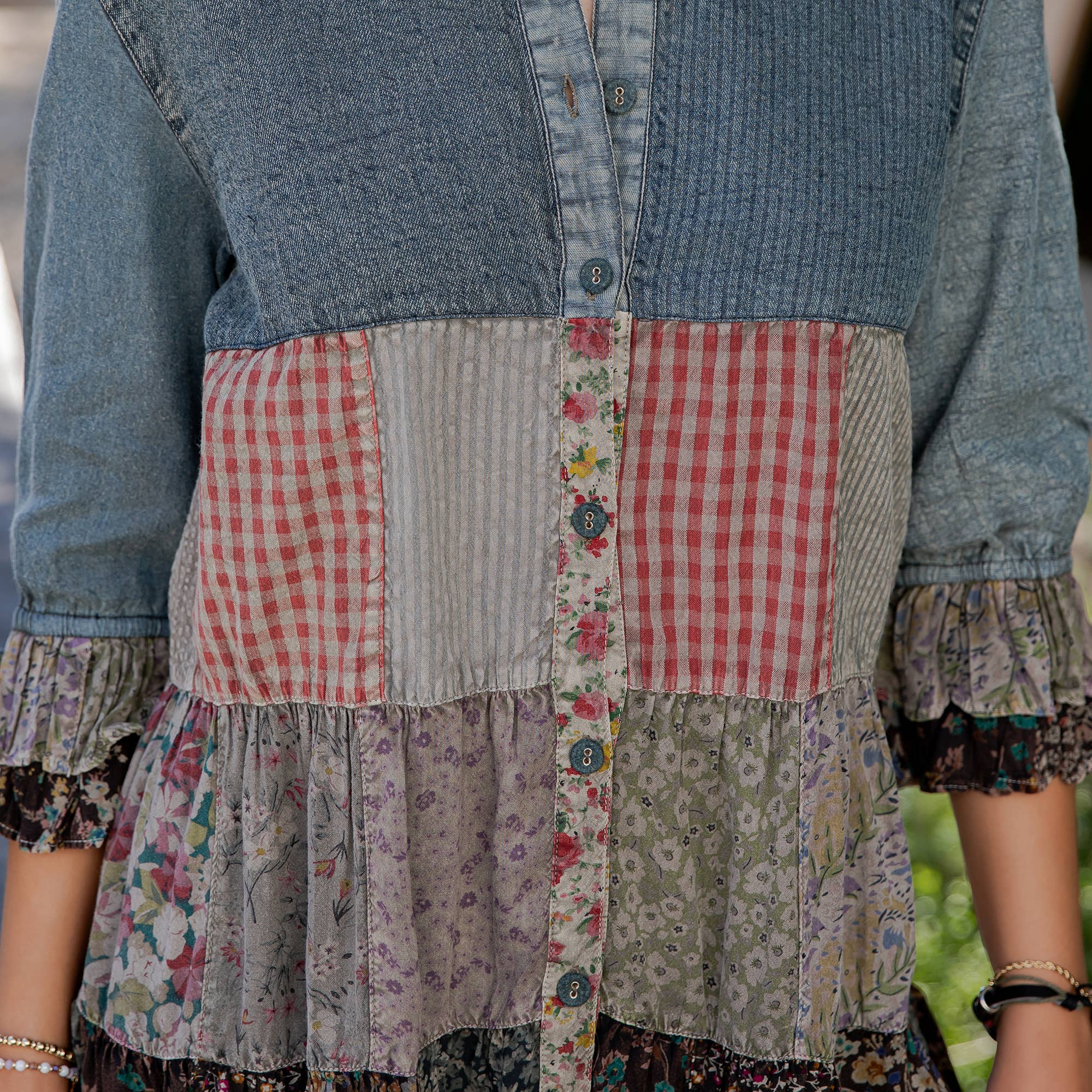 Young Threads - Wholesale Blouse - Women's - Western Denim Yoke Patchwork Tiered Tunic Top (New Color)38