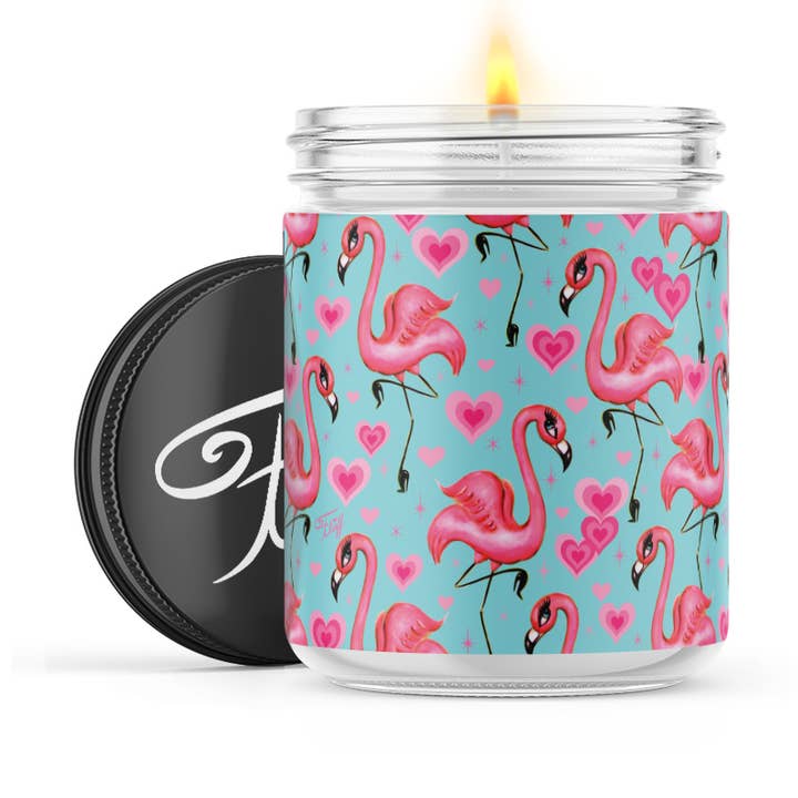 Uncommon Flame – wholesale Jar/filled candle – Miss Fluff - Flamingo with Hearts Aqua Candle0