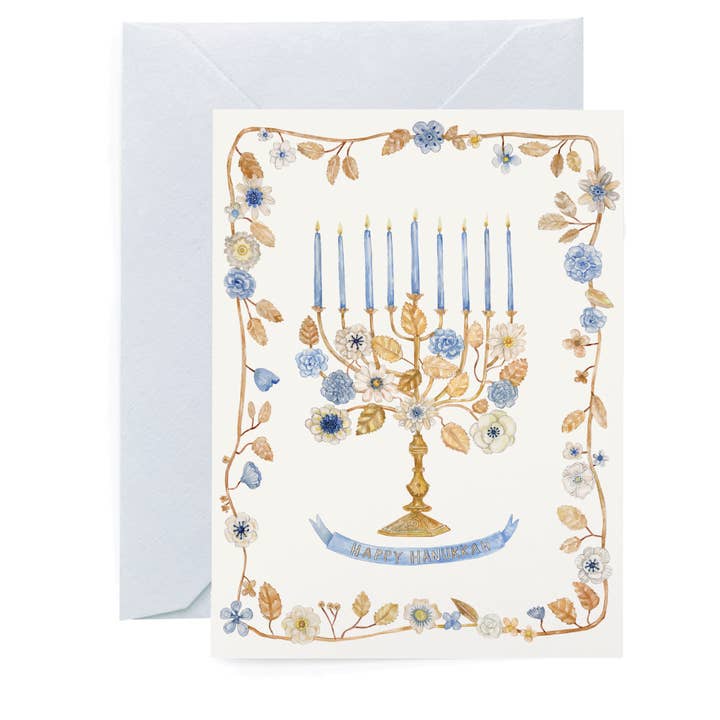 Lana's Shop - Wholesale Hanukkah Card - Happy Hanukkah Flower Menorah Greeting Card