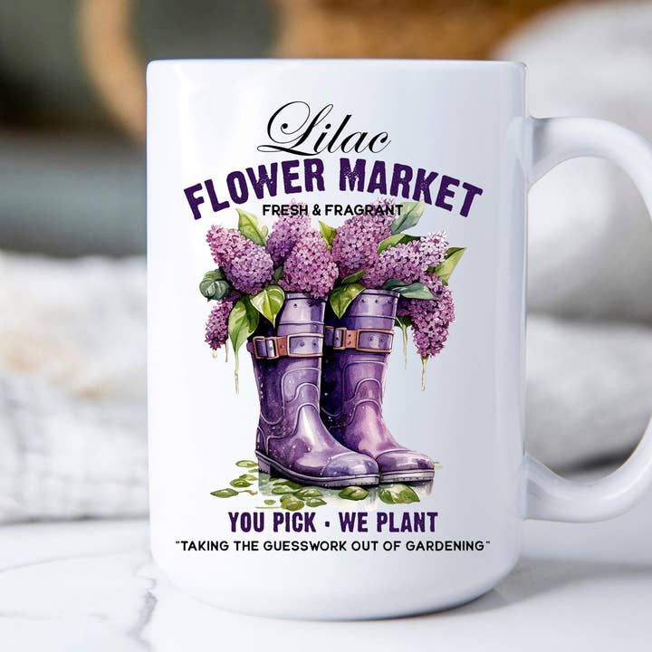 Wholesale Lilac Flower Market Garden Boots Coffee Mug for your