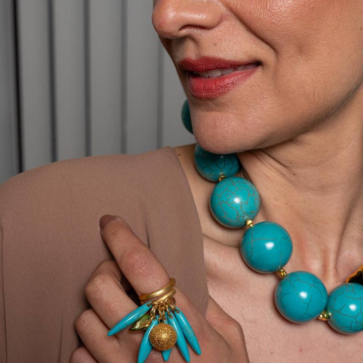 Turkoois & Goud Verstelbare Boho Ambachtelijke Statement Ring voor wholesale door Laka Luka