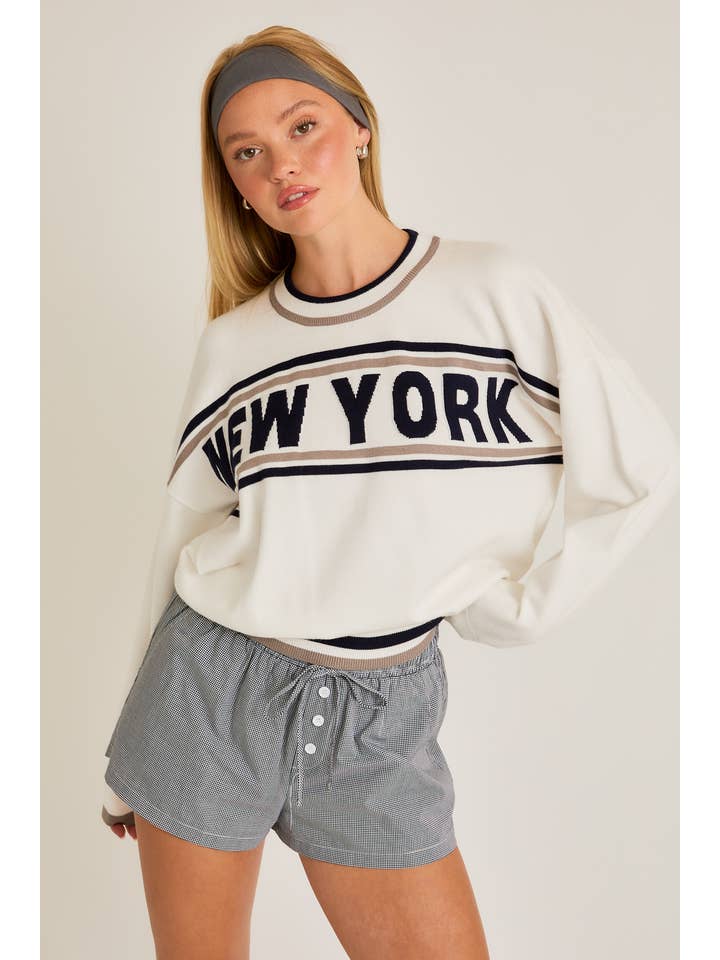 White LONG SLEEVE CREW NECK 'NEW YORK' SWEATER for wholesale on Faire1