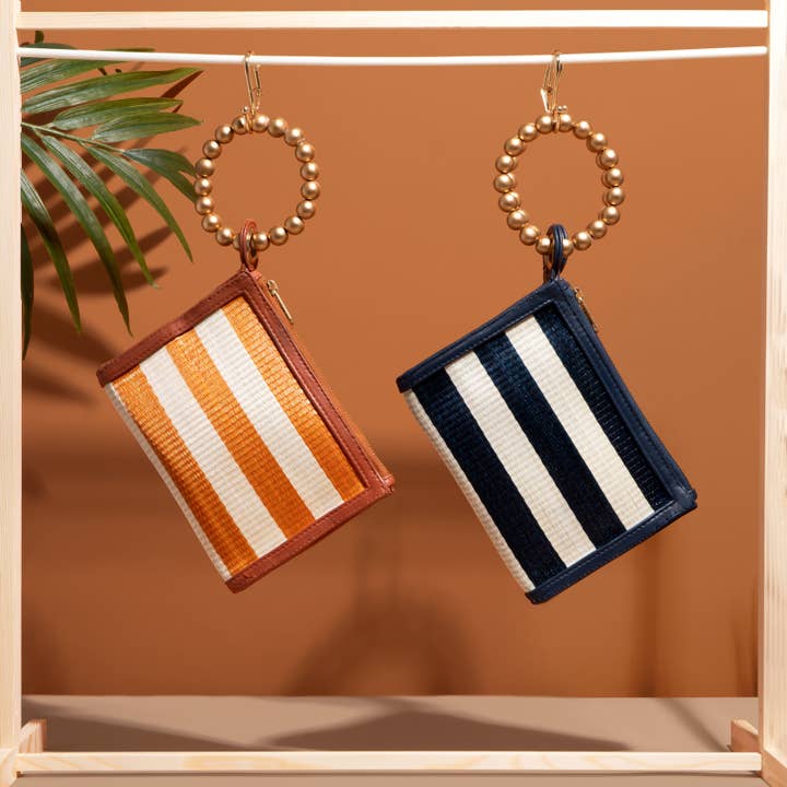 Soli & Sun - Wholesale Wristlet - Navy Blue Stripe Woven Straw Wristlet Pouch | Summer Style