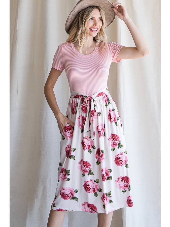 7th Ray - Wholesale Dress - Women's - Floral Waist Tie Short Sleeve A-Line Midi Dress D41997