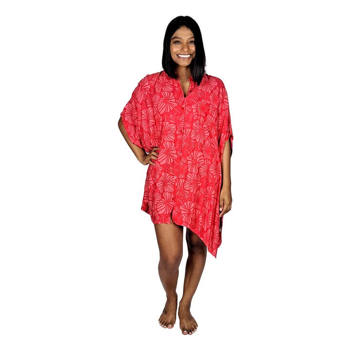 Boca Raton Cover Up Shirt, Red and Pink Hibiscus with Pocket for wholesale by Island Style Clothing Co by Akamai Distribution Ltd