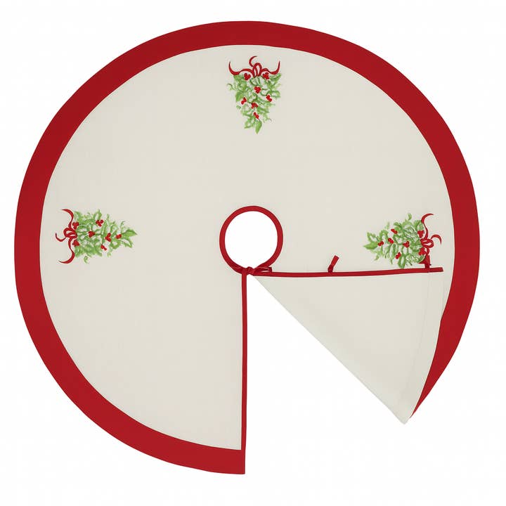 Fennco Styles - Wholesale Tree Skirt - Red Natural Embroidered Holly 53" Round Christmas Tree Skirt2