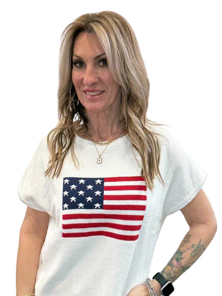 NS2289-W - White - Short Sleeve Crew V-Neck Dolman Flag A3902 for wholesale by K & C Clothing, Inc.