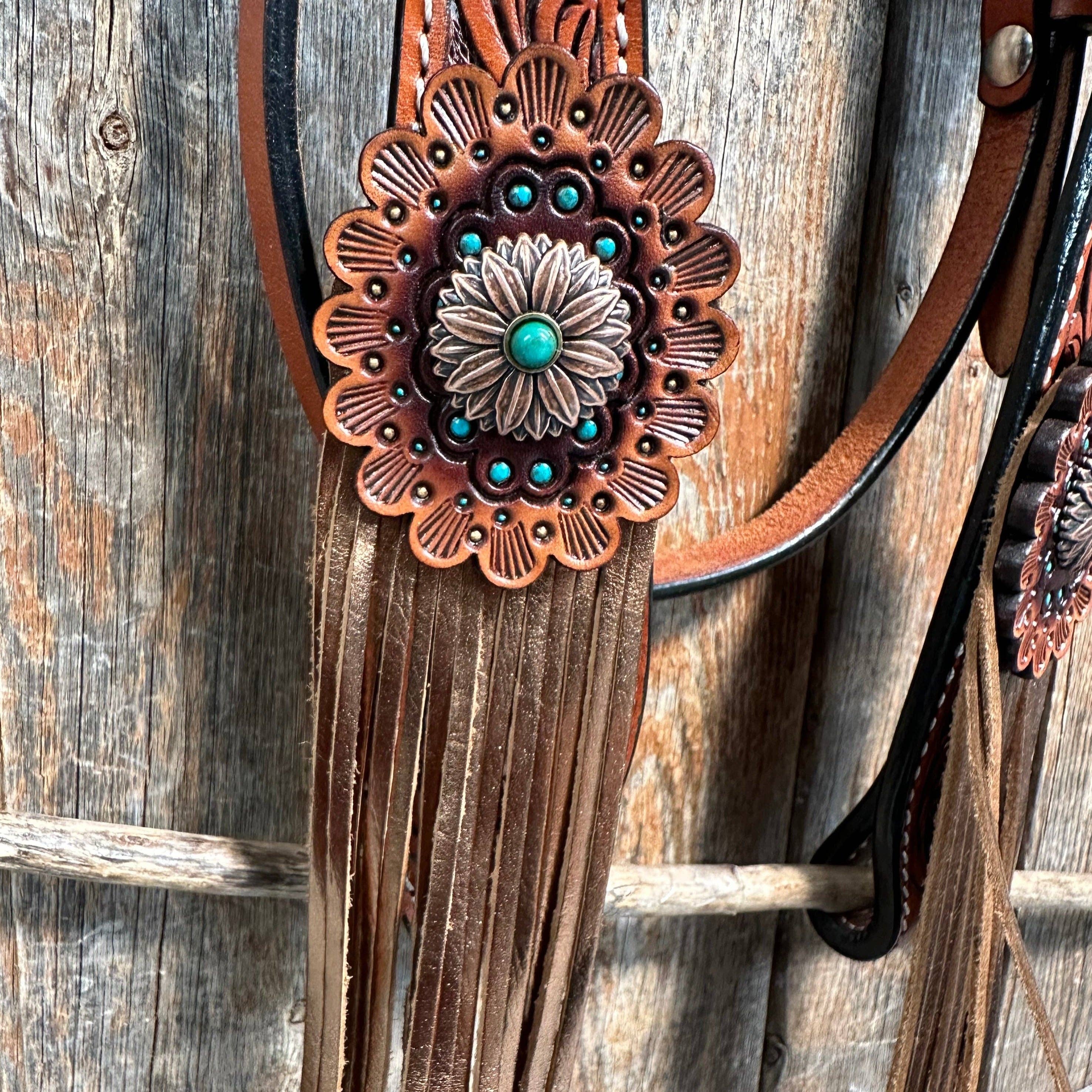 Rodeo Drive – wholesale Horseback riding gear – Honey Colored Floral Copper and Turquoise Tack Set #BBBC5298