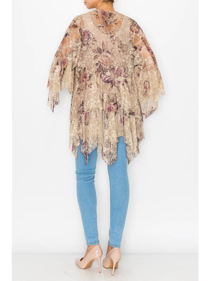 Origami Apparel ~ Lace and Crochet inspired - Vente Cardigan – femme - Cardigan Classique Tout en Dentelle avec Couches à Étages - 4618 TAUPE/2 ROSE2