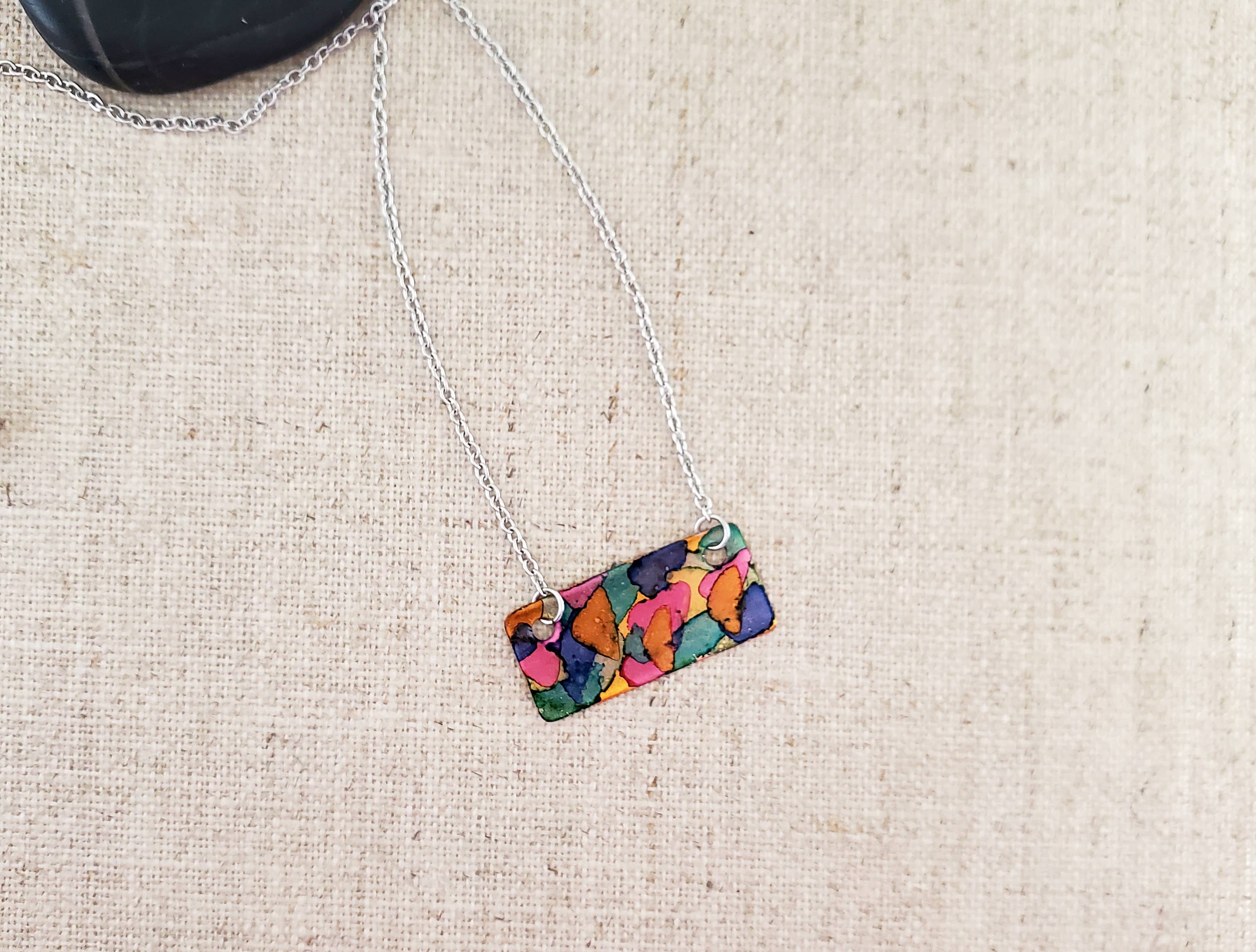 Covaly Artisan Jewelry - Wholesale Pendant/Charm Necklace - Alcohol Ink Copper & Stainless Steel Bar Necklace2