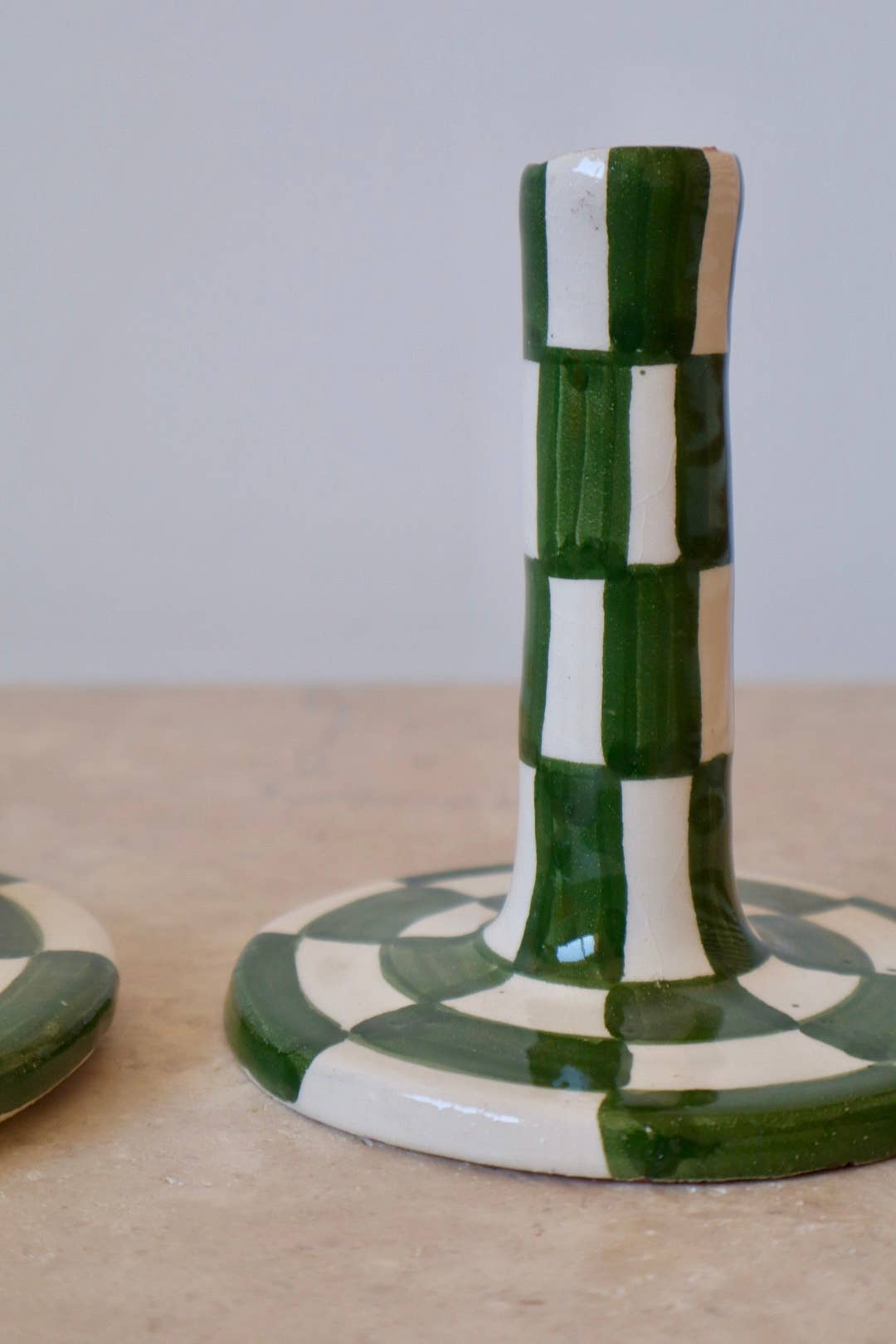Néda - Wholesale Candle Holder - Handmade Green and White Checkered Ceramic Candle Holder6