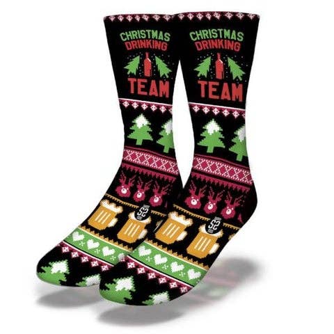 CHRISTMAS DRINKING TEAM Funny Black Christmas Socks for wholesale by Savvy Sox