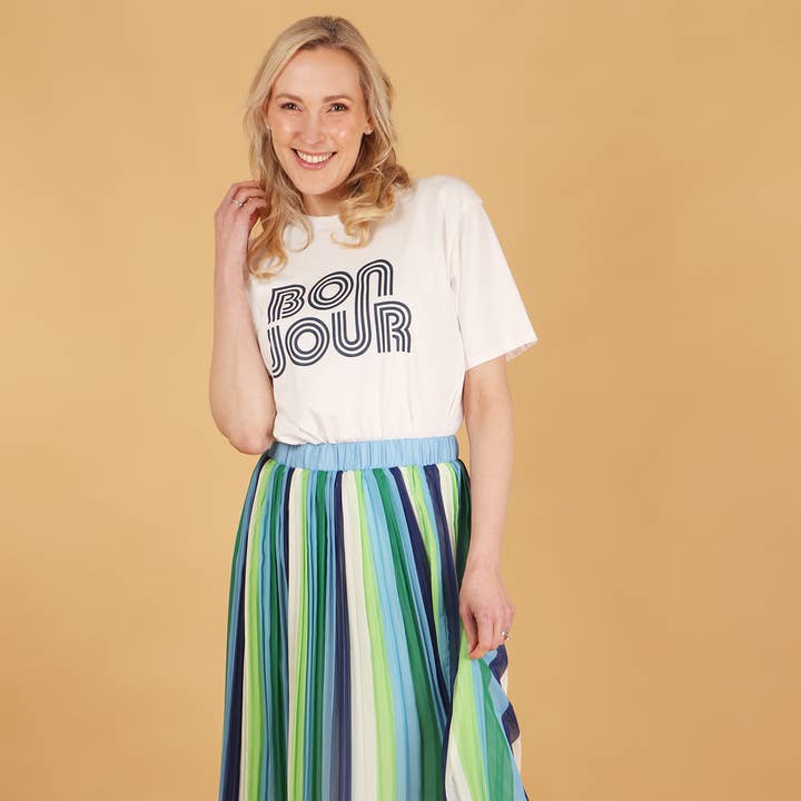 Alternating Striped Chiffon Pleated Skirt in Blue Green for wholesale by Sarta