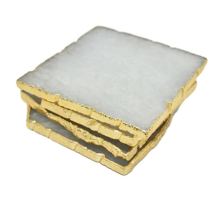 Square Natural Cloudy Quartz Coasters with Gold Trim for wholesale by Olympus Minerals Co