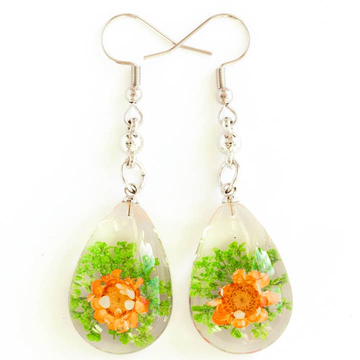 Earrings Orange-Green Orb Bea Earrings for wholesale by Hanami Real Flower Jewelry