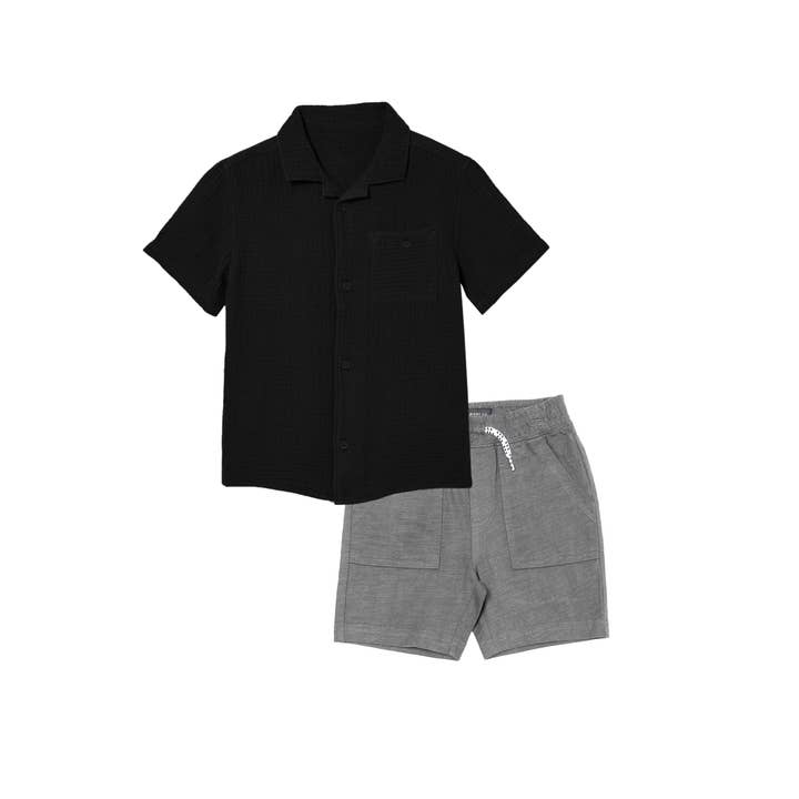 BOYS' SET- GAUZE S/S SHIRT WITH KNIT SHORTS for wholesale by Silver Jeans