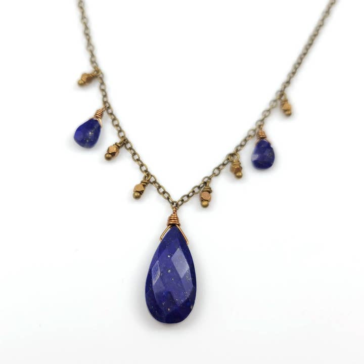 Lapis Statement Necklace with Fringe Beads for wholesale by Edgy Petal Jewelry