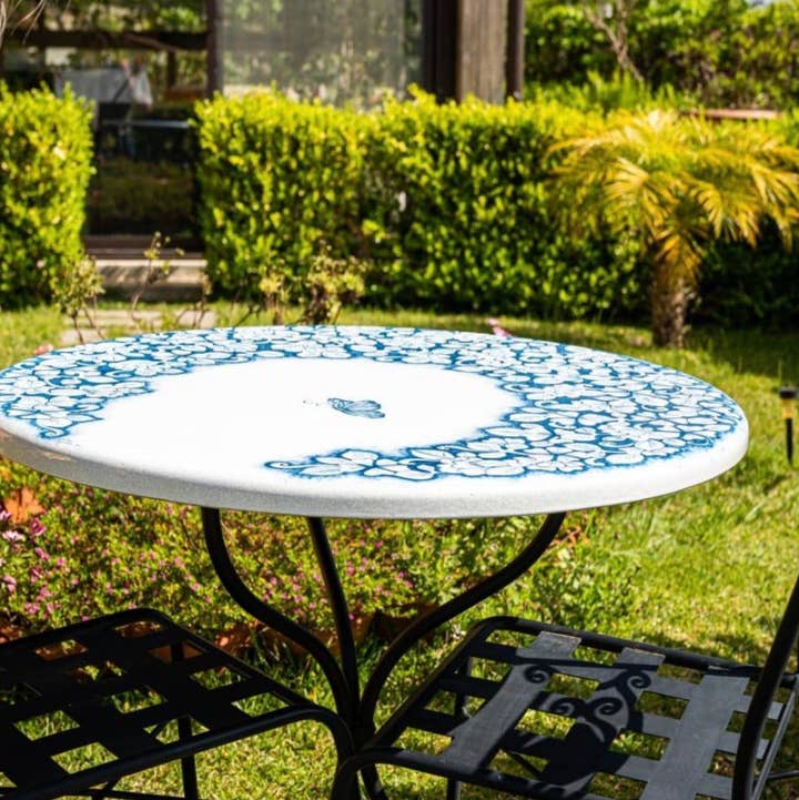 DD Ceramiche Siciliane - Wholesale Coffee Table - Round Round Table Blue Butterfly Décor – Decorated Lava Stone