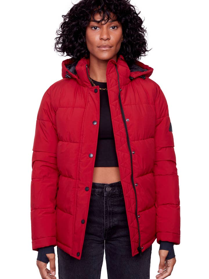 FORILLON | WOMEN'S VEGAN DOWN (RECYCLED) SHORT QUILTED PUFFER JACKET, DEEP RED for wholesale by Alpine North CA