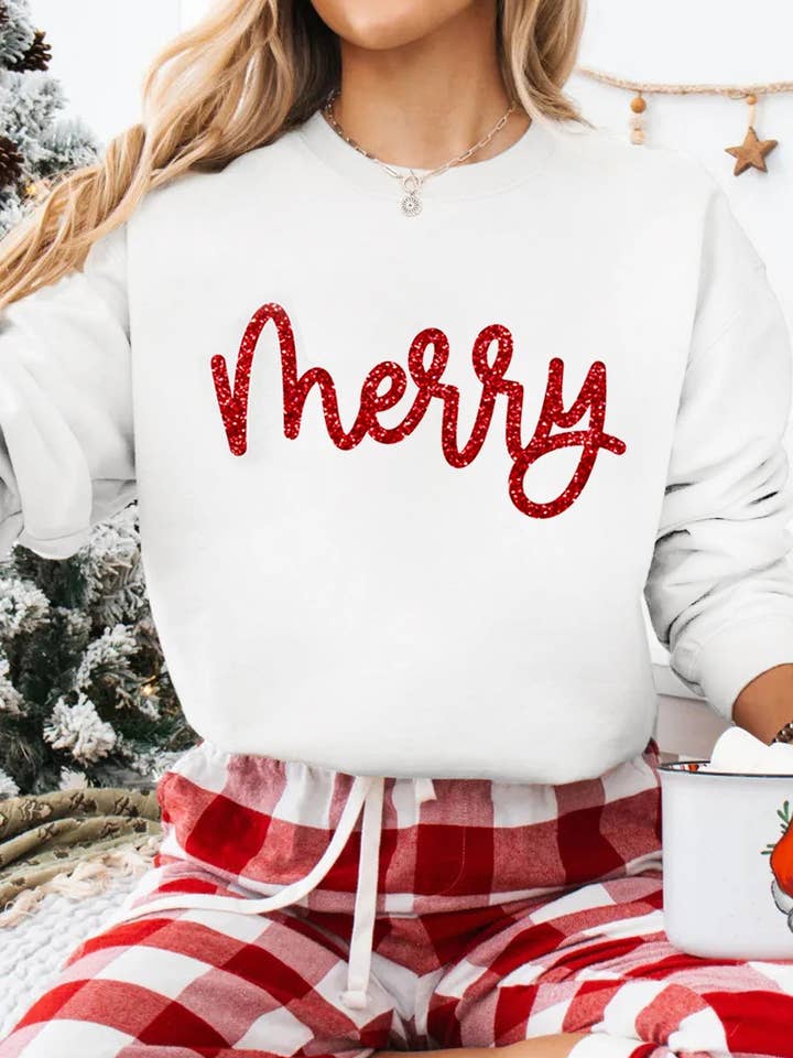 Beige Merry Graphic Christmas Crew Neck Sweatshirt for wholesale on Faire0