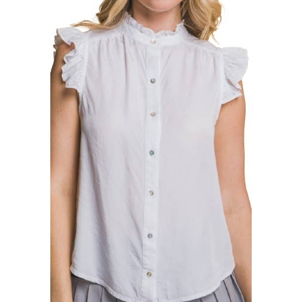 Button Down Flutter Sleeve Shirt Flirty Elegance with Ruffle for wholesale by Blue Bunny Inc