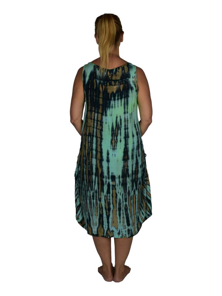 Island Style Clothing Co by Akamai Distribution Ltd - Wholesale Dress - Women's - Antigua Dress Tye Dye Green, w Pockets, Tie Hem Resort Dress2