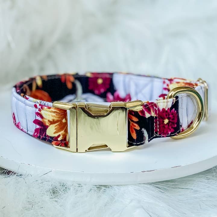 Pumpkins and mums fall floral dog collar with gold hardware for wholesale by doggish