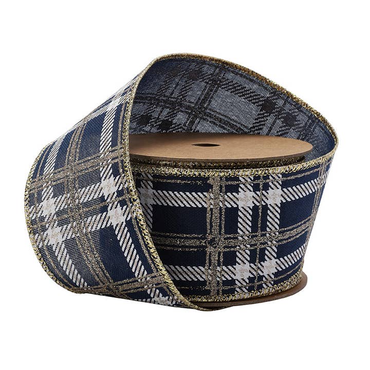 LA Ribbons Wholesale - Wholesale Ribbon - Gift Wrapping - 2 1/2" Printed Wired Ribbon | Plaid Blue/White/Gold