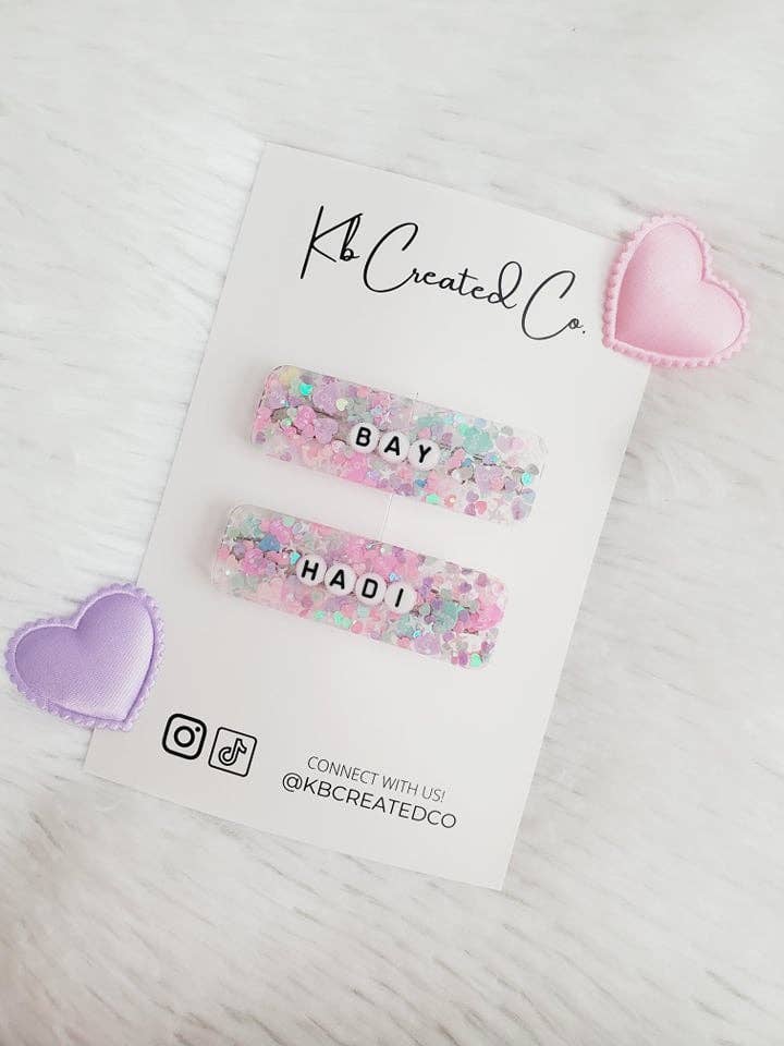 Custom word or name resin glitter hair clip stocking stuffer for wholesale by KbCreatedCo