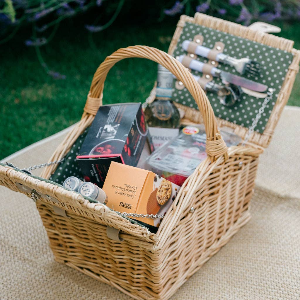 Arthur Cameron - Wholesale Picnic Basket - 2 Person Natural Wicker Green Polka Dot Picnic Basket1