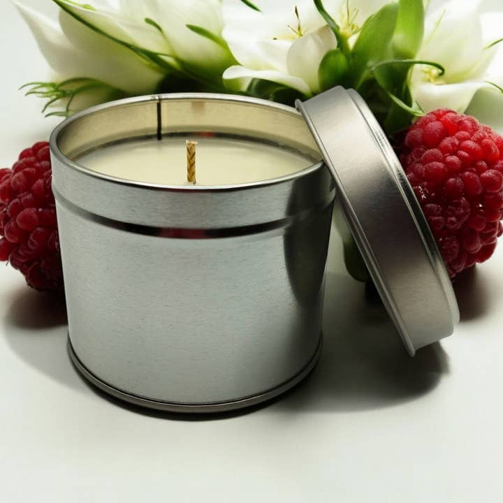 Black Pomegranate White Label Soy Wax Tin Candle for wholesale by Lunar Fragrances