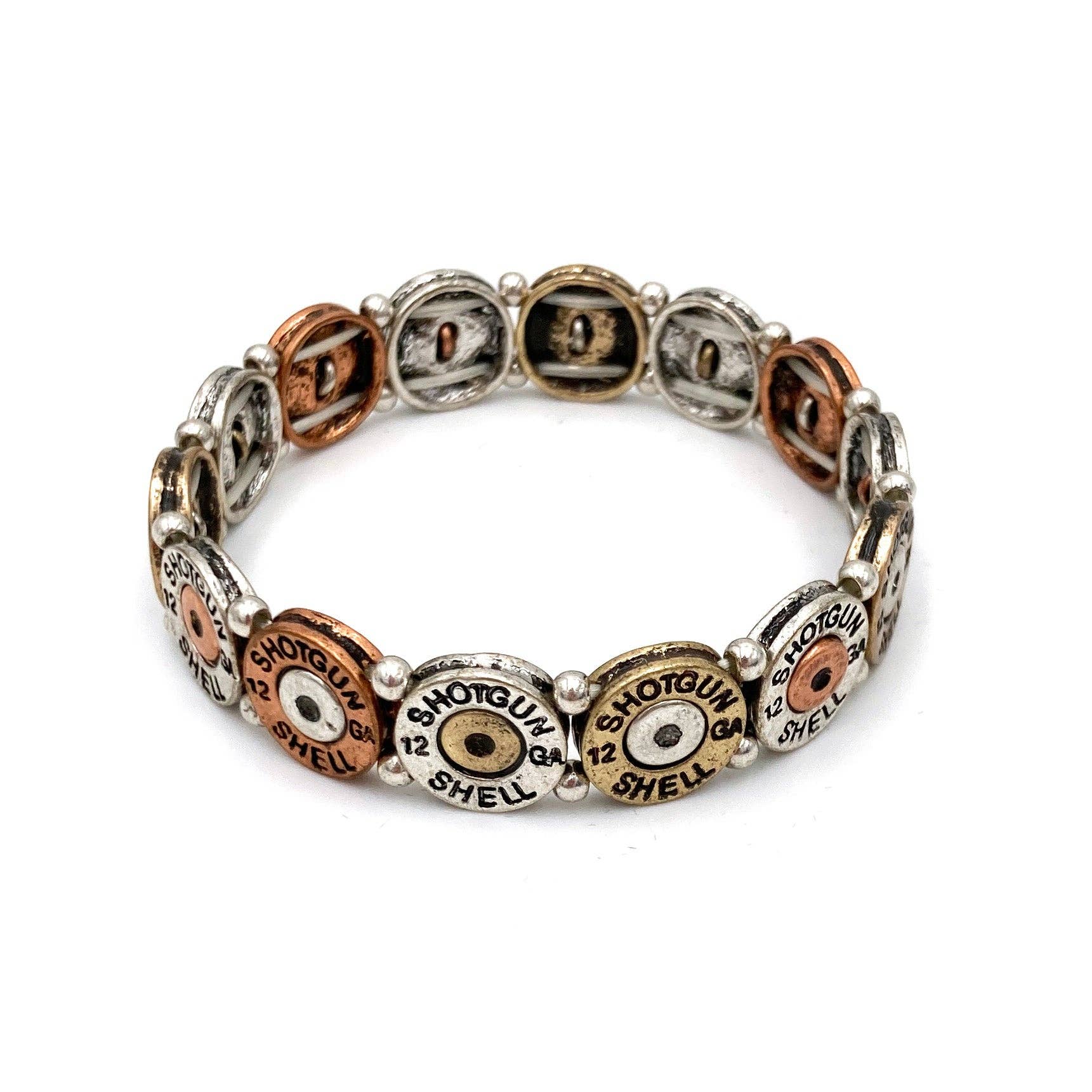 Lunar Deer - Wholesale Beaded Bracelet - Tri Tone Metal Shotgun Shell Bullet Western Stretch Bracelet3